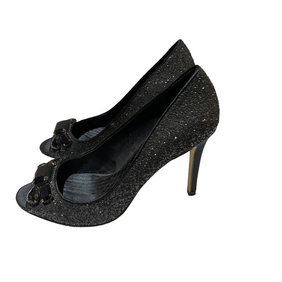 Enzo Angiolini black glitter open toe heel shoes with black stone details size 8 - Picture 4 of 8